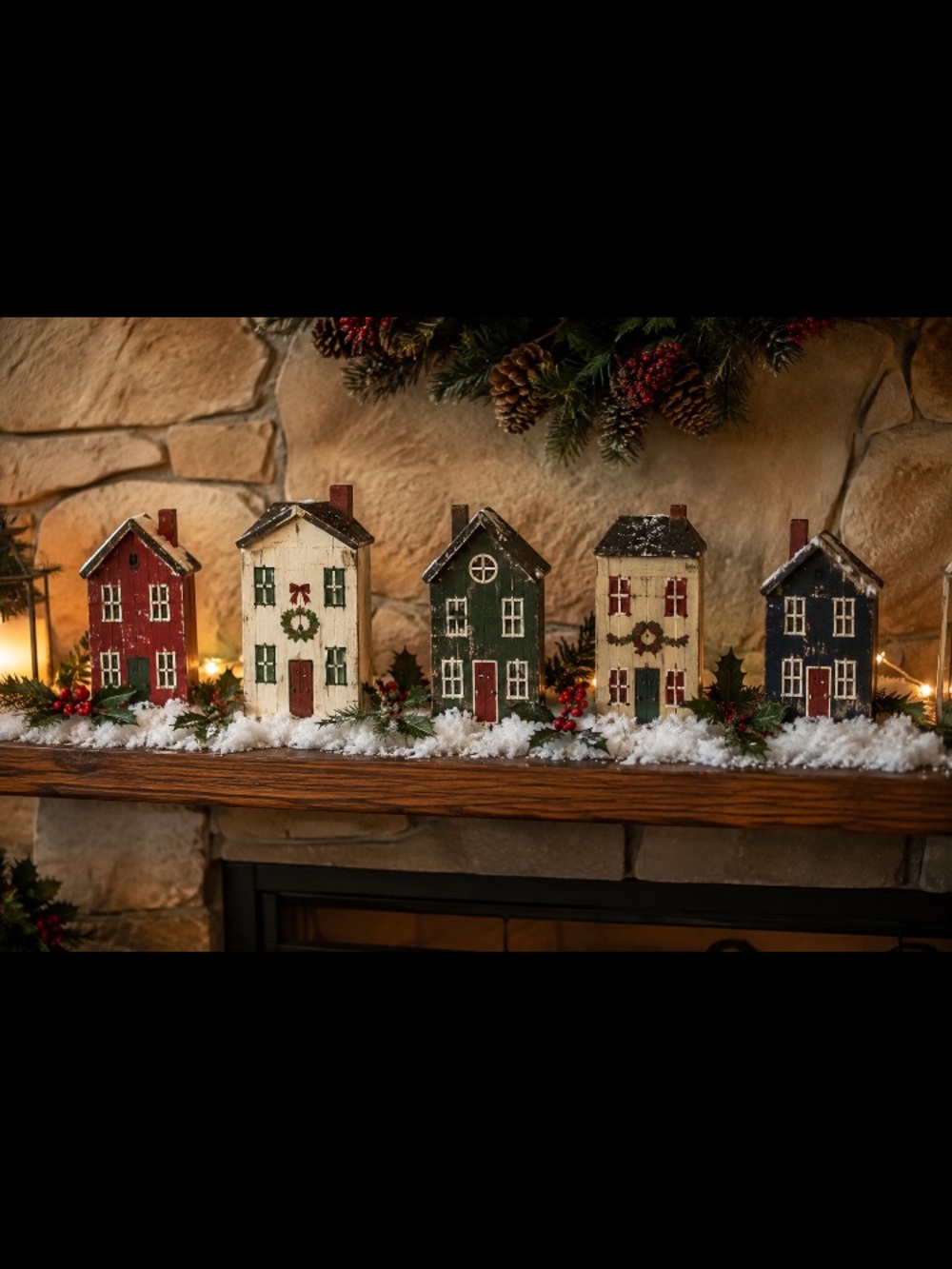 Holiday Painted Wooden Village Set - Red, White, Green, Blue, Cream w/glitter 3D